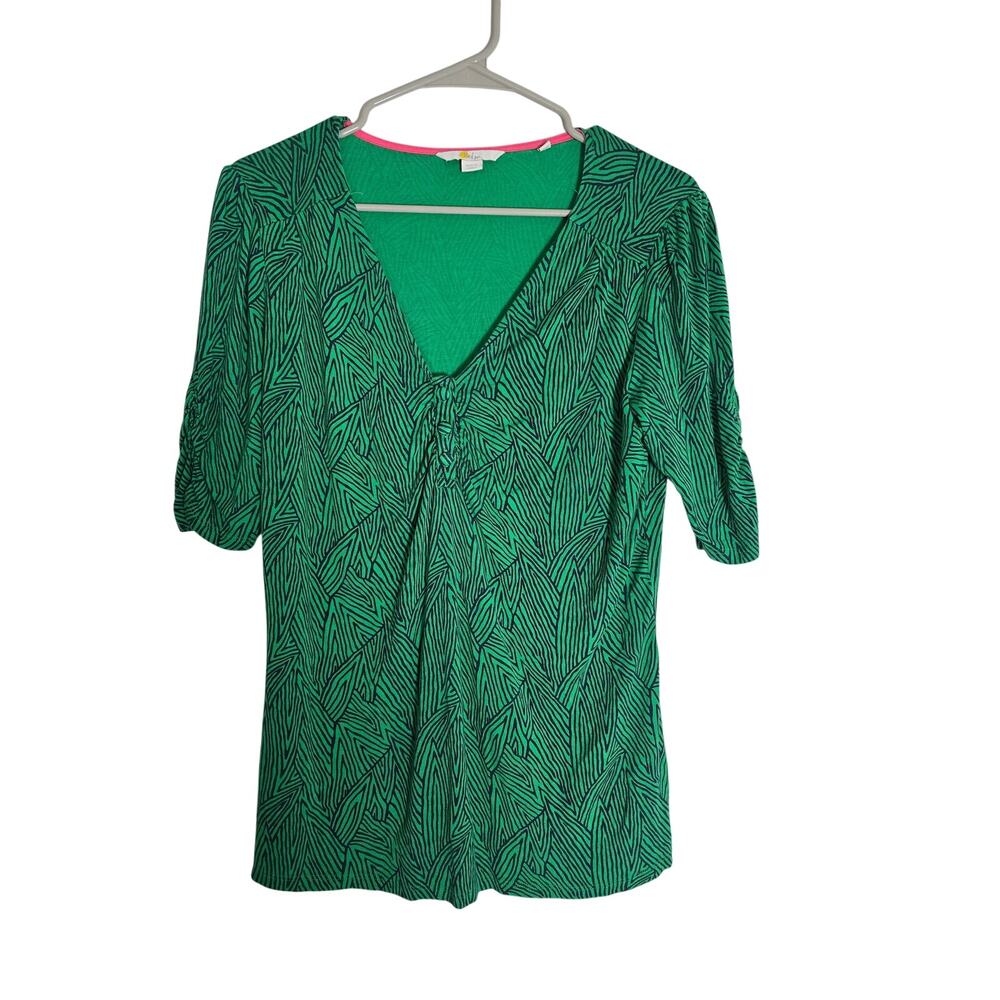 Boden Womens 10 Green Abstract Print Ruched Tie Front Top Boho Casual Blouse